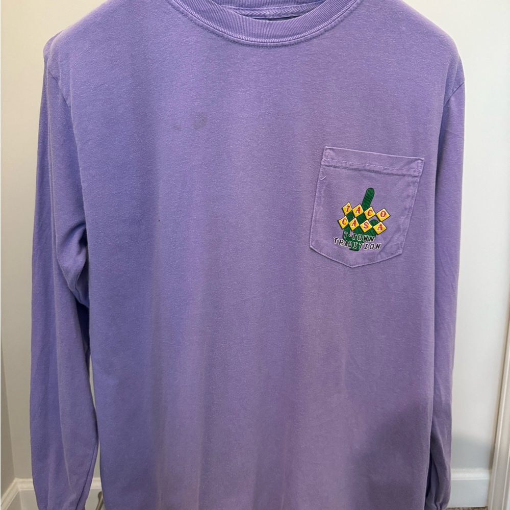 Taco Casa Comfort Colors Purple Long Sleeve Tee with front Pocket